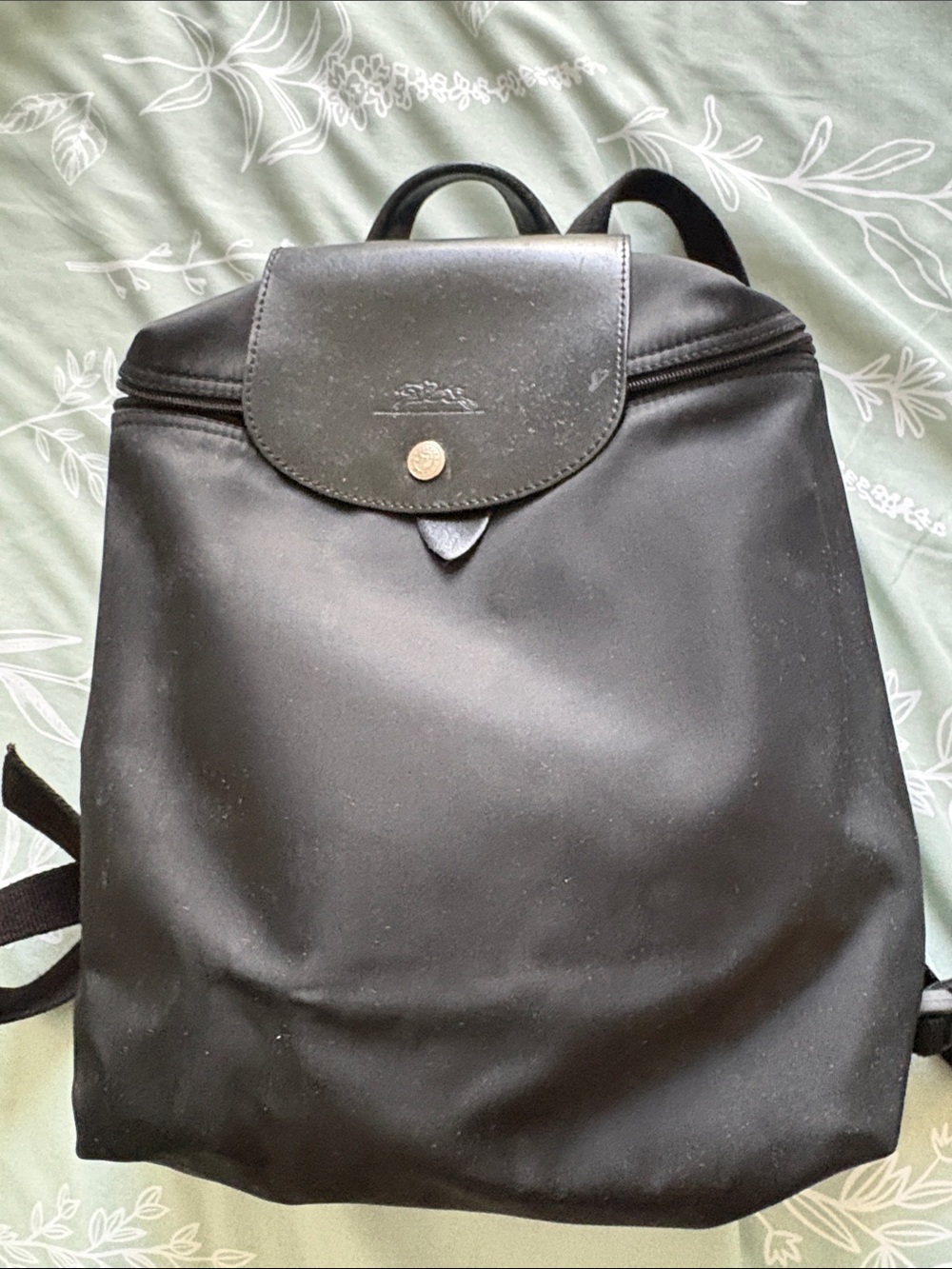 Longchamp Black Nylon Backpack with Leather Flap
